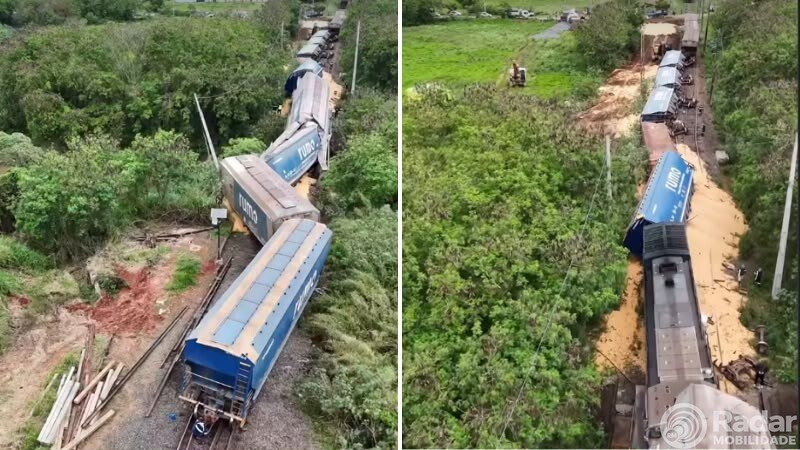 Trem da Rumo descarrila e tomba sobre o Ribeirão Tatu em Limeira