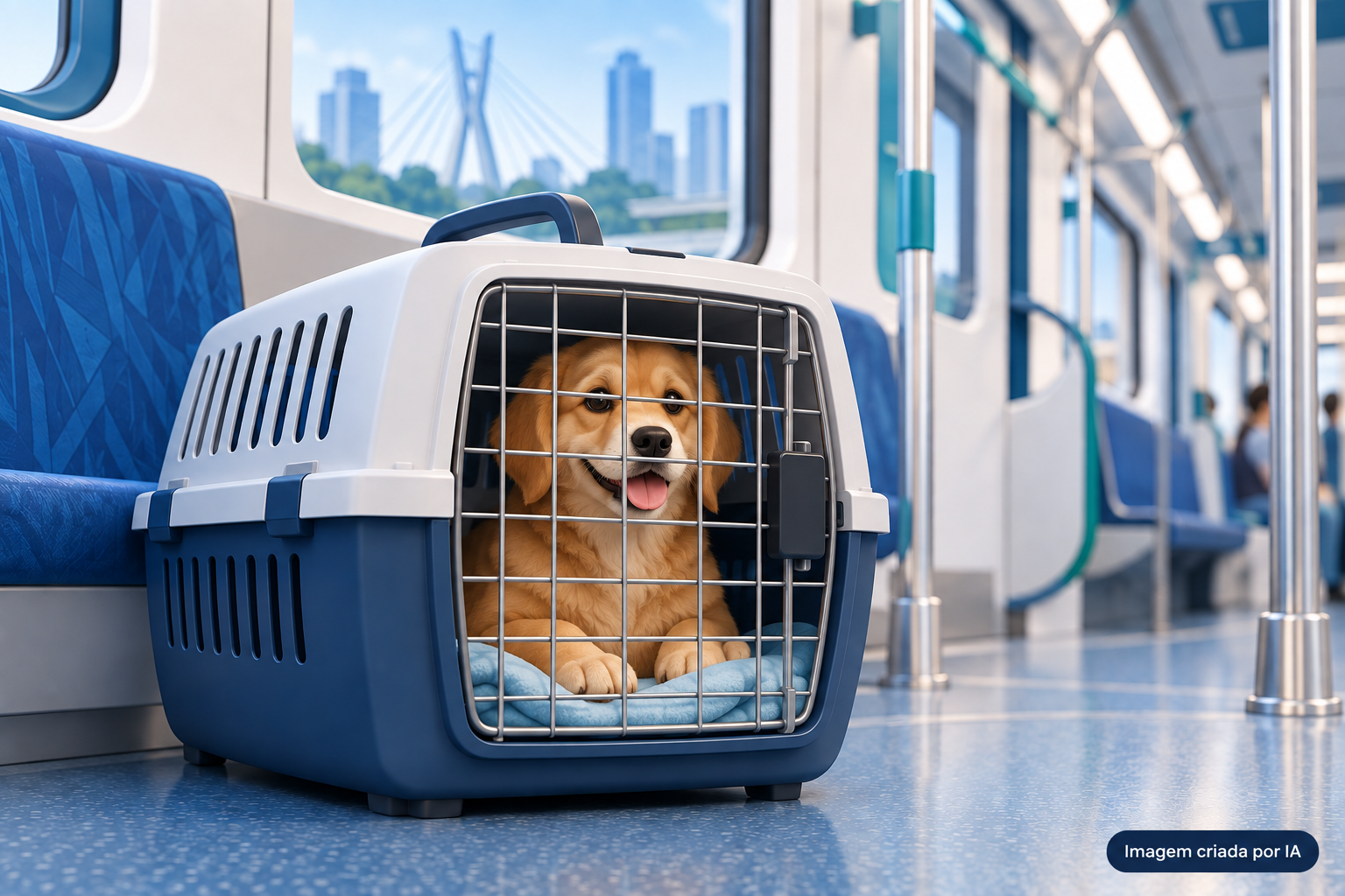 Ilustração de cão em caixa de transporte junto a um trem de metrô