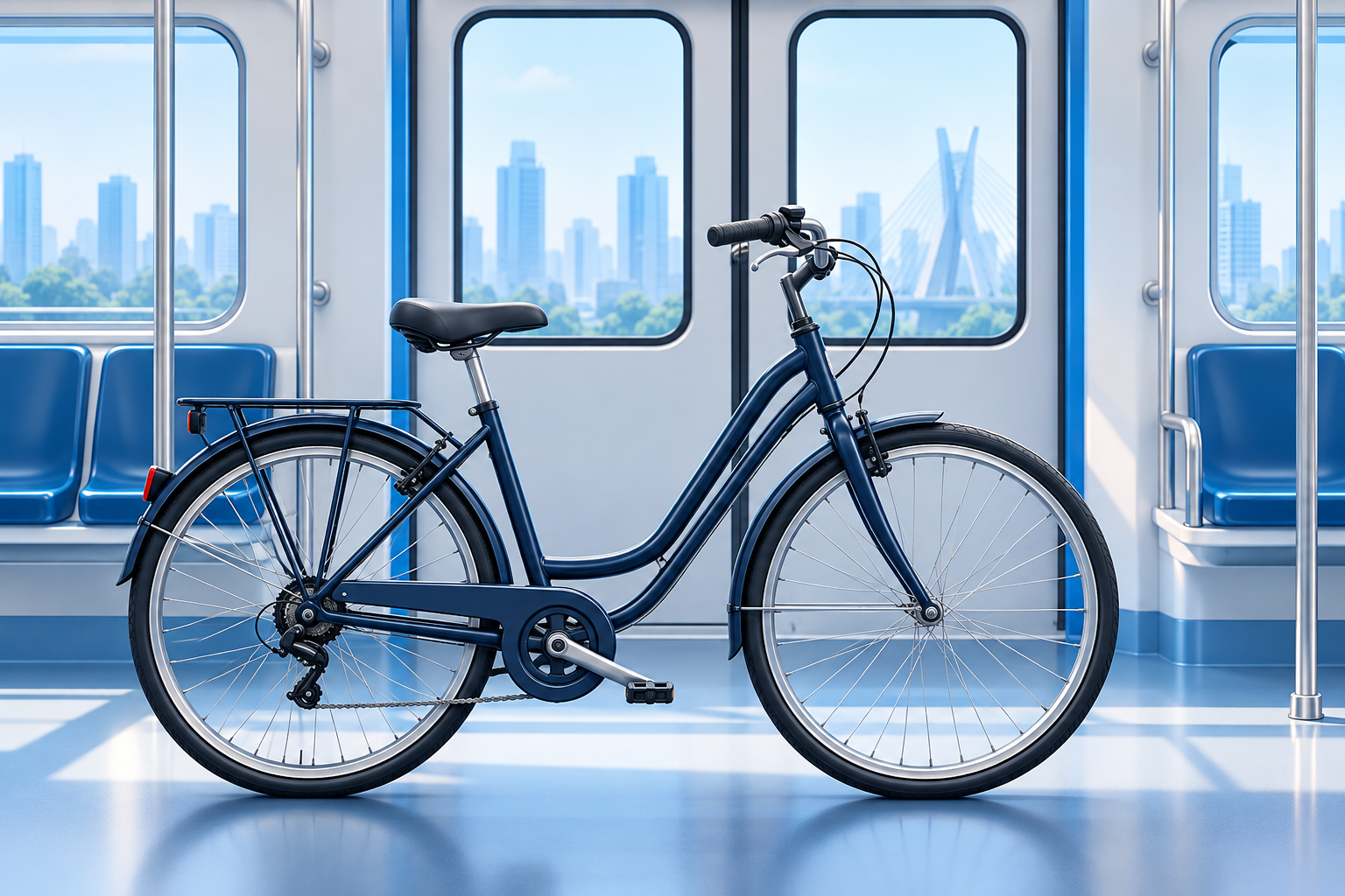 Ilustração de bicicleta junto a um trem de metrô